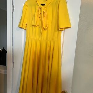 New Yellow A-Line Midi Dress with Notched Collar